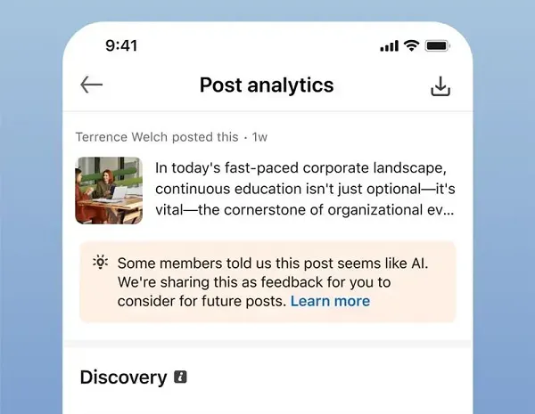 LinkedIn post analytics screen with a notice reading: Some members told us this post seems like AI.