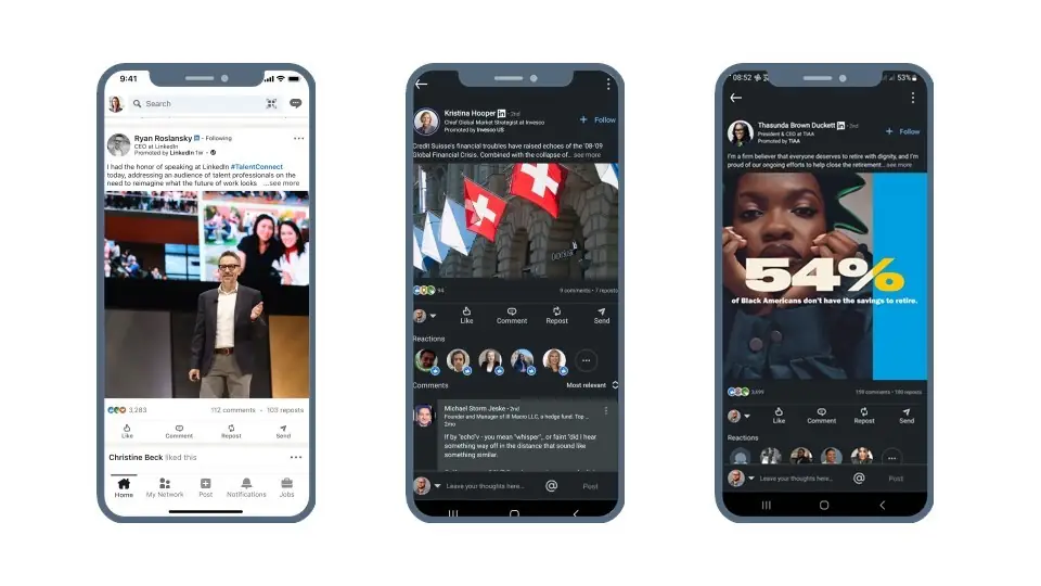 Examples of LinkedIn Thought Leader Ads in the feed.