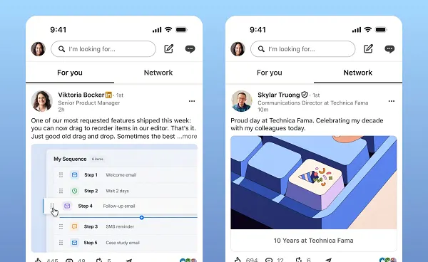 Two LinkedIn mobile feeds side by side, one on the For you tab and one on the Network tab.