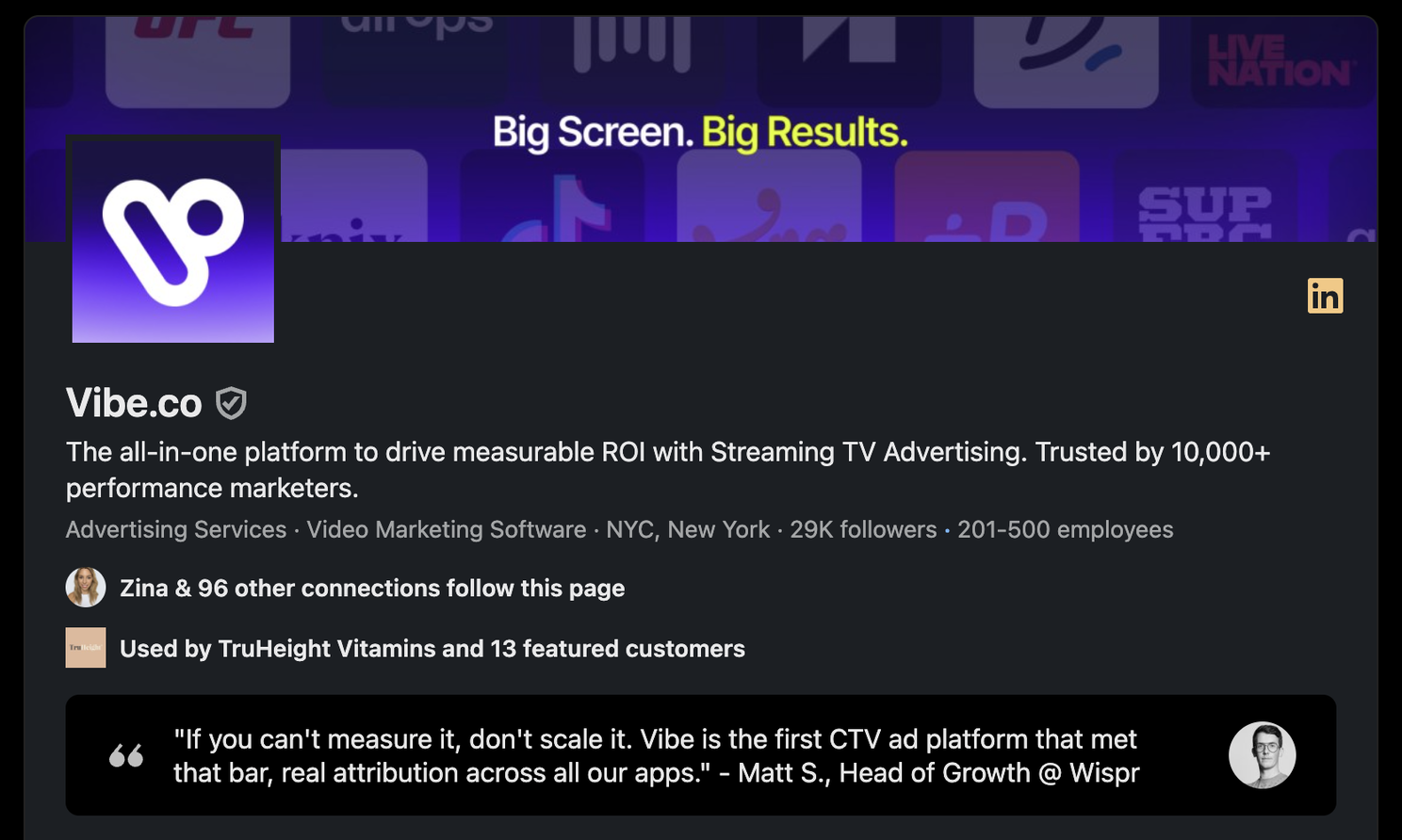 Vibe.co's LinkedIn company page with customer logos and a pinned customer testimonial