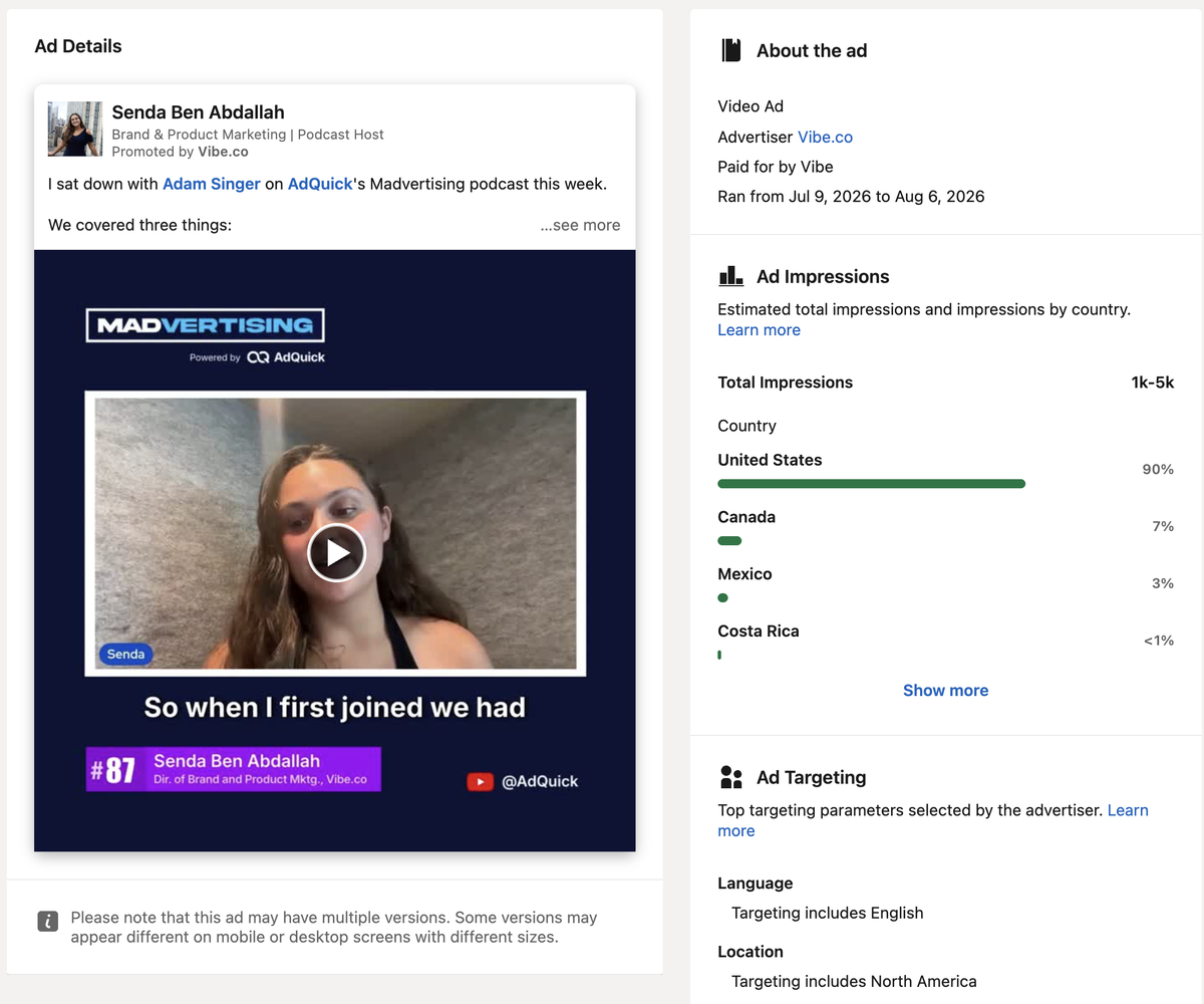 A podcast appearance by Vibe.co's Senda Ben Abdallah running as a paid video Thought Leader Ad