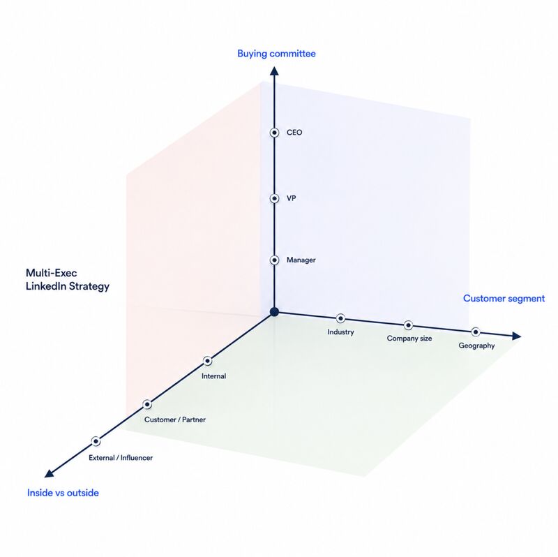 The three-vector framework for selecting executives in a LinkedIn strategy: buying committee, customer segment, and inside vs outside the company.