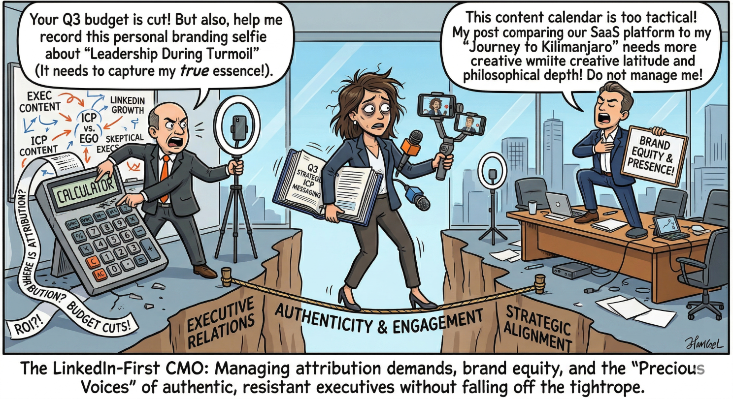 Cartoon: the LinkedIn-First CMO walking the tightrope between attribution demands, brand equity, and precious executive voices.