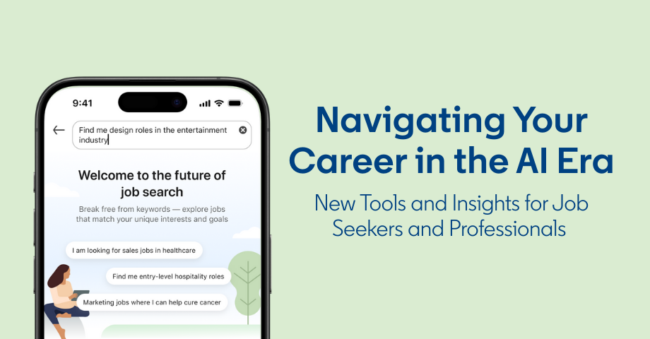 Phone showing LinkedIn job search with the prompt Welcome to the future of job search and plain-language example searches.