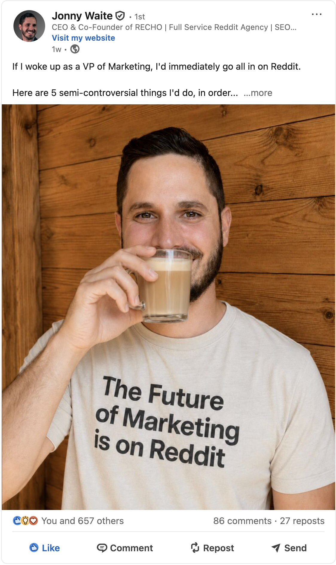 Jonny Waite LinkedIn post about Reddit for VPs of Marketing