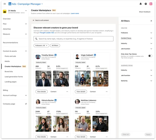 Creator Marketplace in LinkedIn Campaign Manager showing creator profiles and Creator Discovery filters for followers, content focus, industry, job function and audience.
