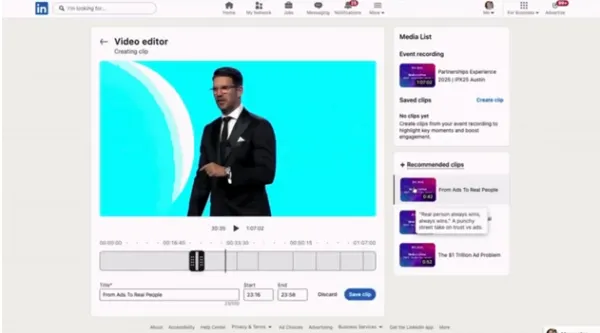 LinkedIn event video editor with a panel of recommended clips beside the recording timeline.
